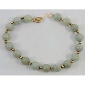 Icy Green Jadeite Jade Bead 14K Yellow Gold Bracelet 7" Fish Hook Clasp 8mm